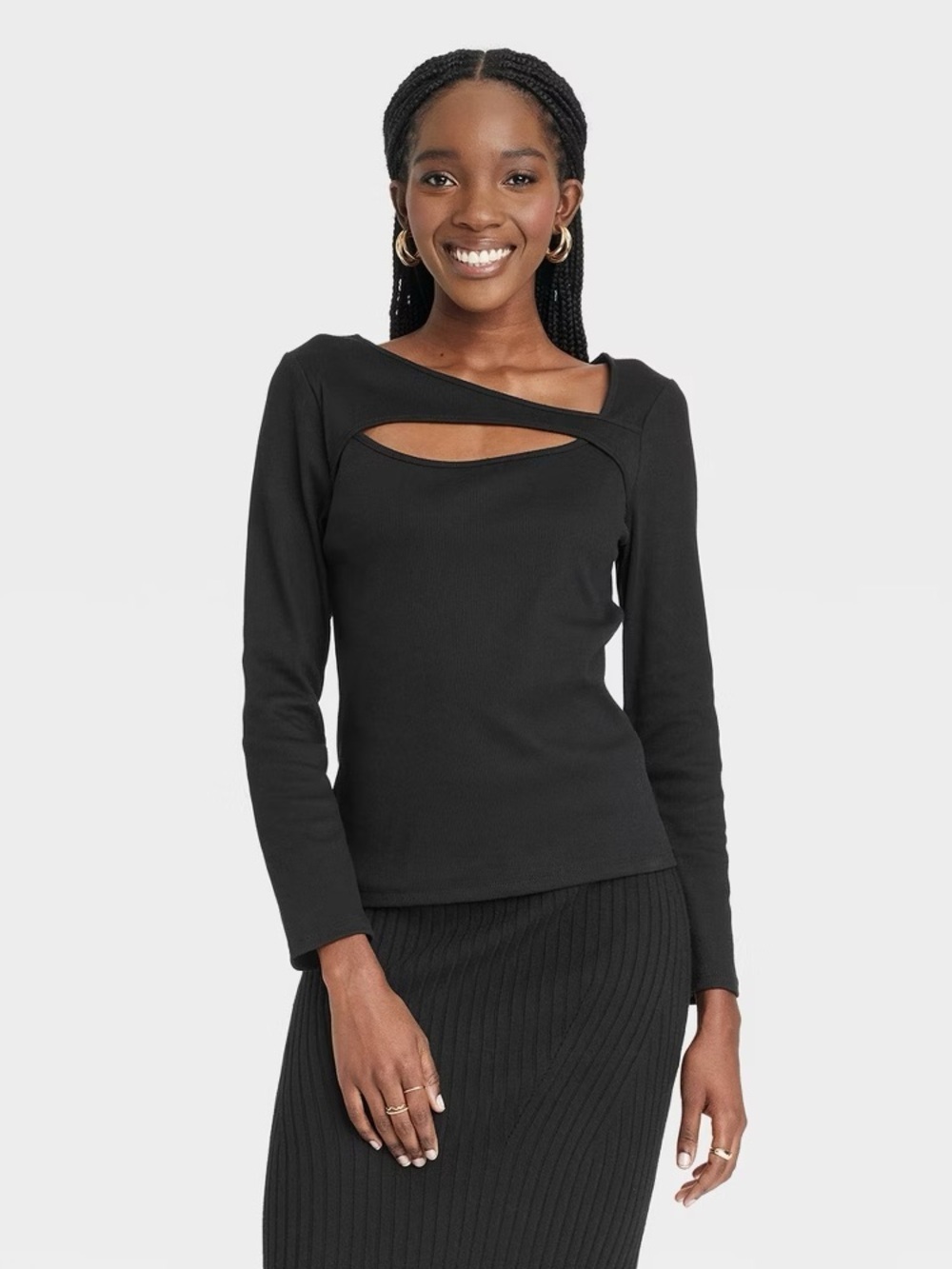Cut-Out Ribbed Long Sleeve Top Black Small NWT A New Day - Picture 2 of 3